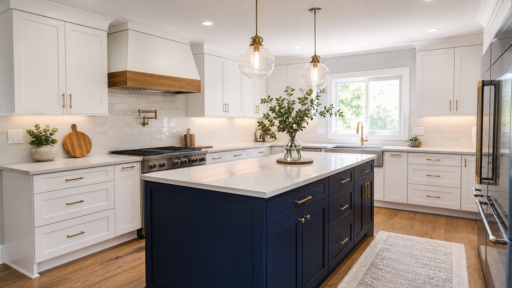 Navy kitchen island with white perimeter cabinets Navy kitchen island with white perimeter cabinets