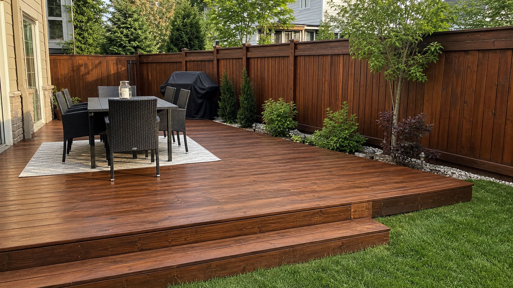 Deck and fence finished in semi-transparent stain