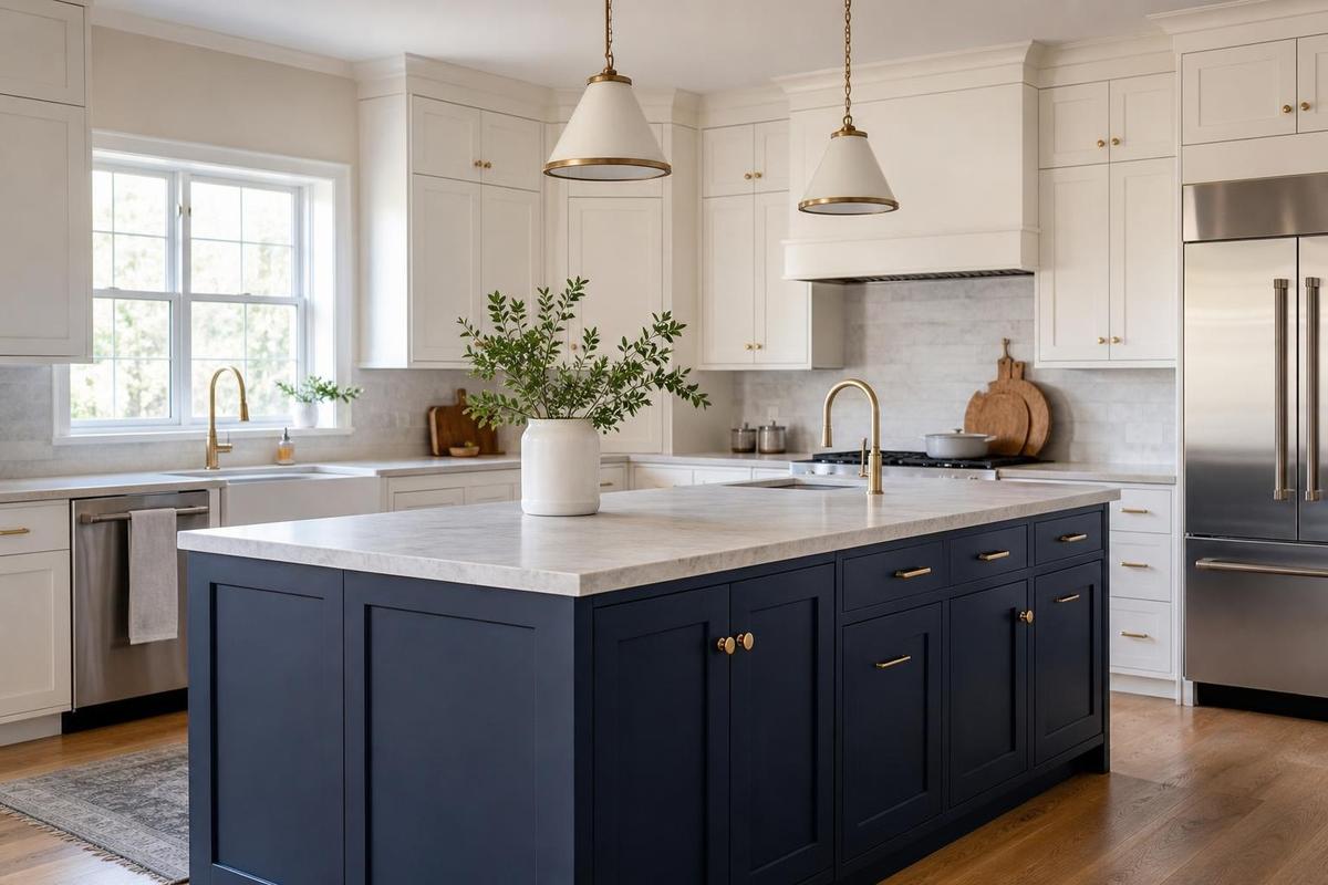 Navy island with white perimeter cabinets