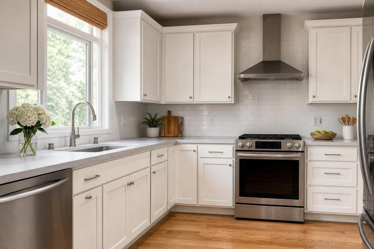 Warm white kitchen cabinet refinish
