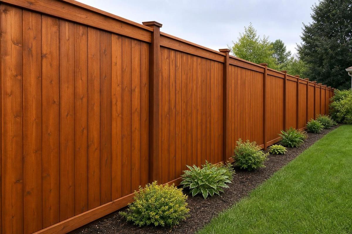 Freshly stained privacy fence