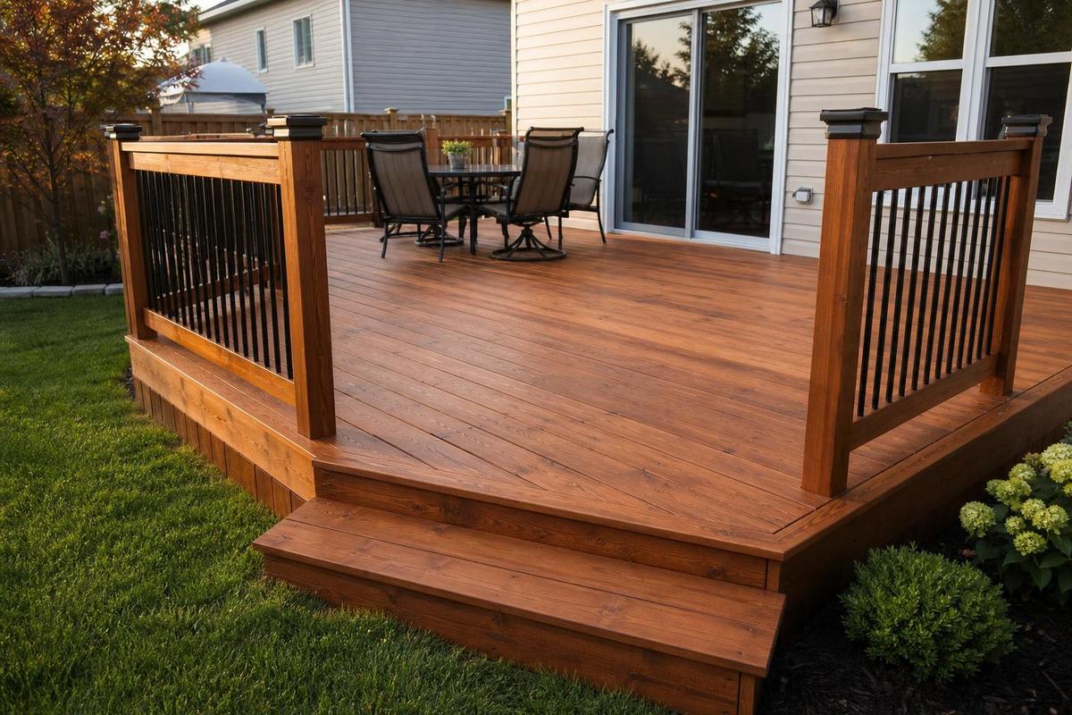 Freshly re-stained backyard deck