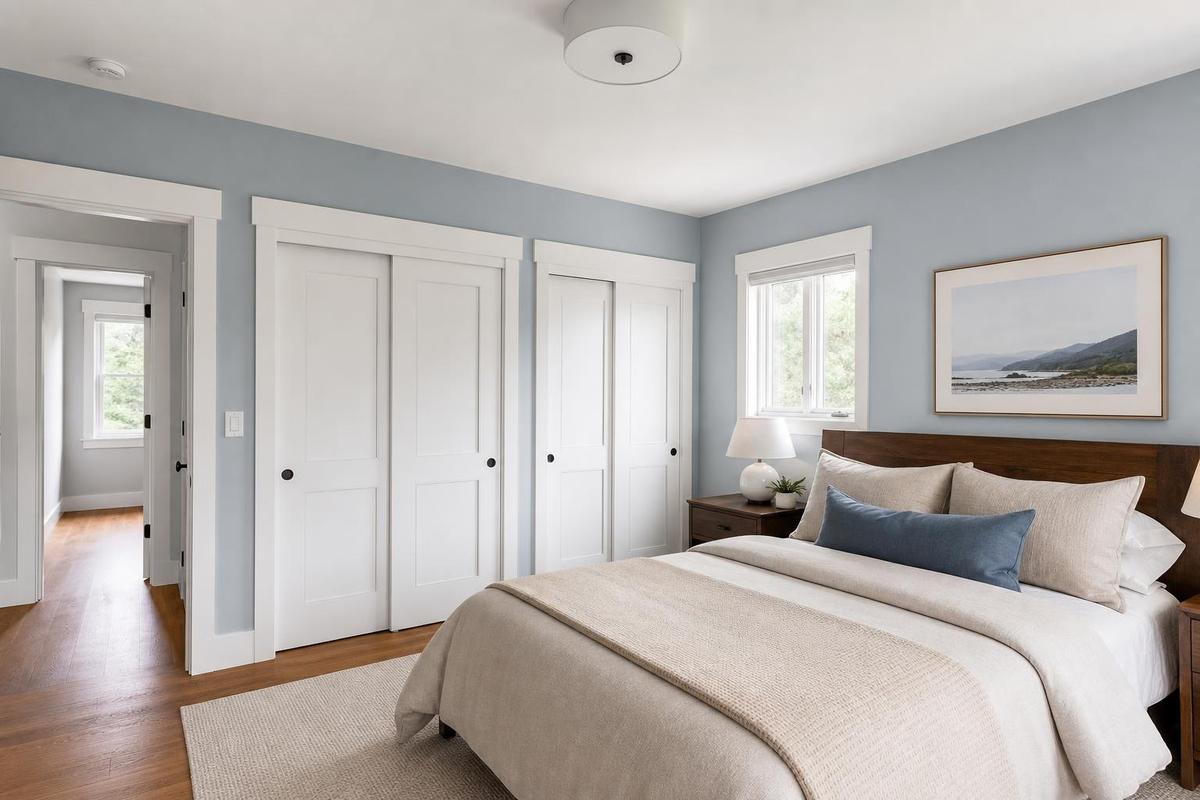 Calm bedroom repaint with crisp white trim