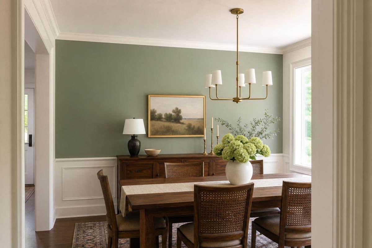 Interior dining room with painted accent wall